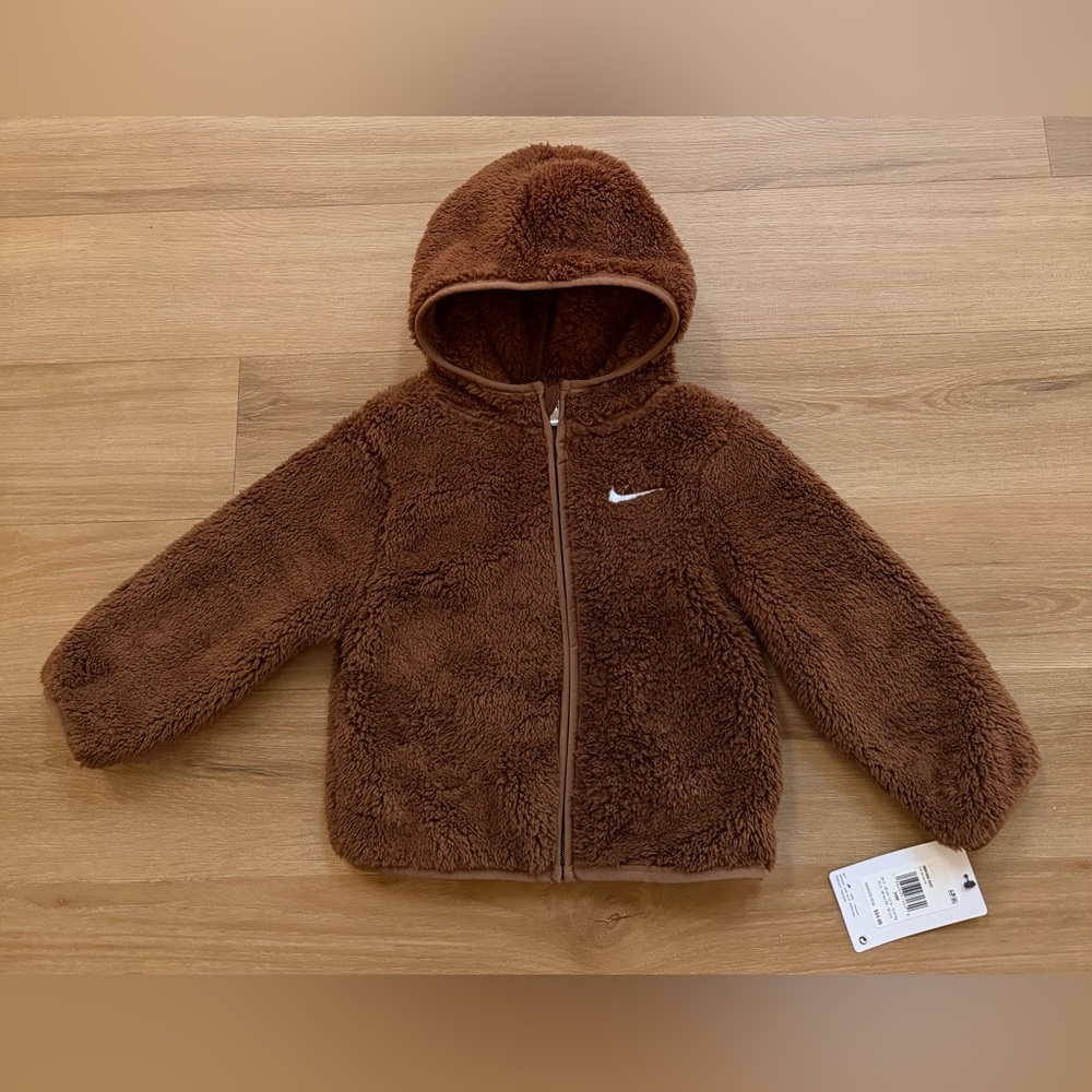 NWT. Nike Faux Sherpa Fleece Full Zip Hoodie Jacket, Chocolate Brown, Size 24M